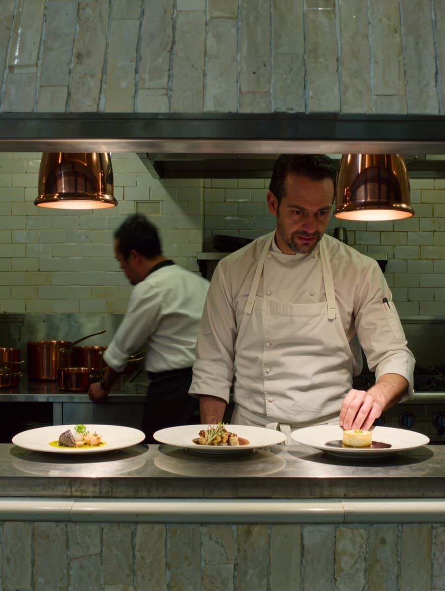 A chef plating dishes at the pass during evening service