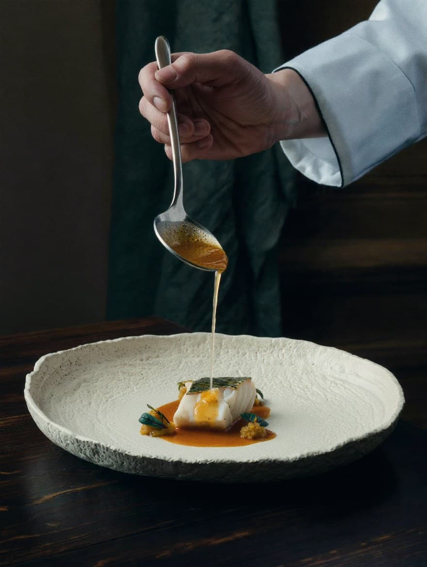 A chef spooning sauce over a piece of white fish on a handmade plate